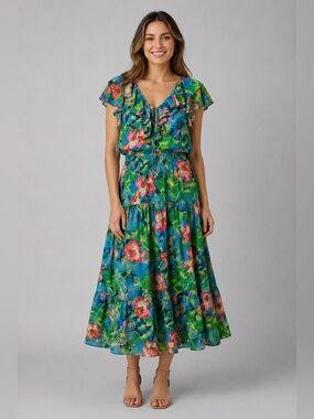 Lauren Ralph Lauren Blue, Green & Pink Floral Ruffle Midi Dress